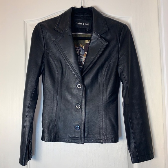 Vintage Tristan & Iseult Genuine Leather Jacket XS Black Fitted Lined Statement - Picture 2 of 16